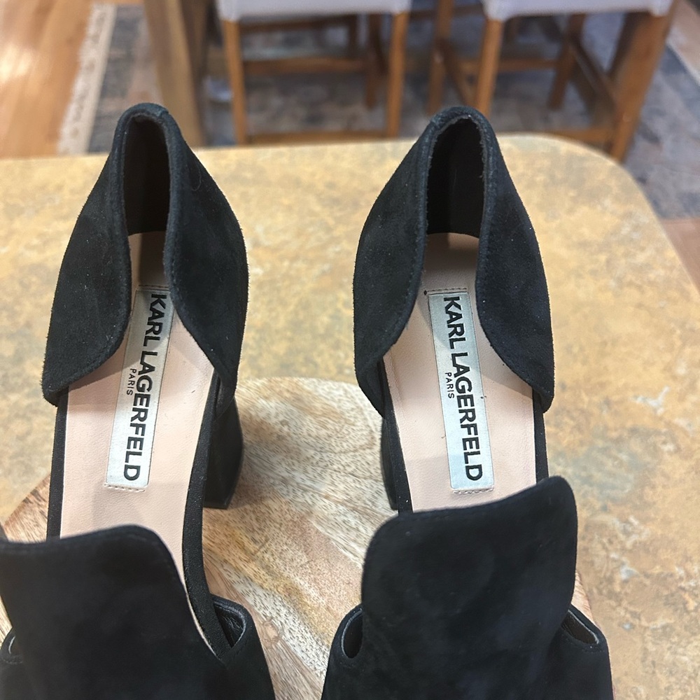 Karl Lagerfeld Black Suede Peep-Toe Block Heel Shoes - Picture 8 of 12